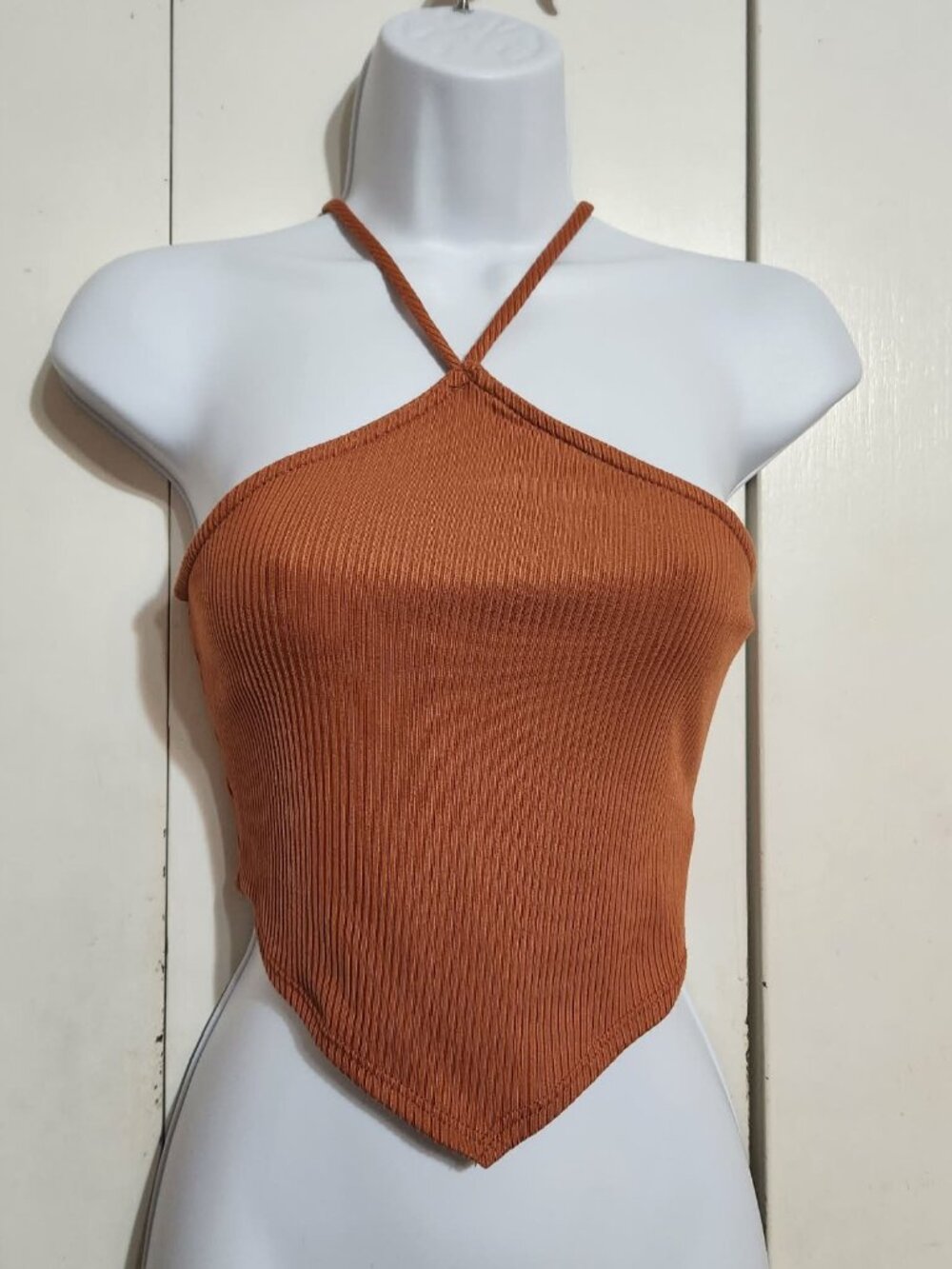 Endless Blu Rust Orange Ribbed Halter Top Small Handkerchief Hem Cropped